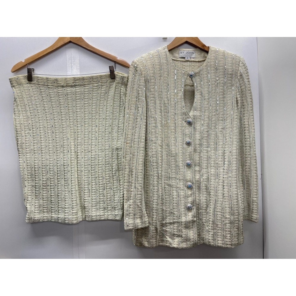 St John Evening Marie Gray Knit Skirt Suit Cream Silver Sequin Size 12 Vintage
